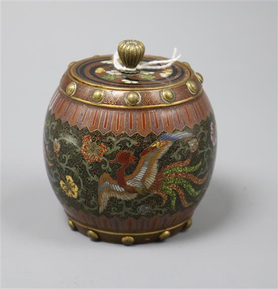 A Japanese Meiji period Kyoto cloisonne small jar and cover (missing one boss) height 8cm